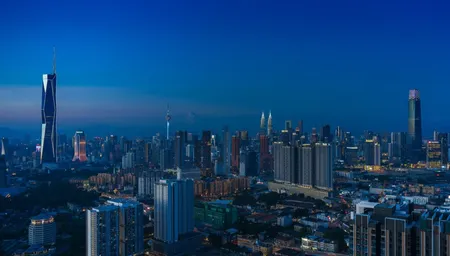 Kuala Lumpur skyline at evening with iconic landmarks reflecting in city lights