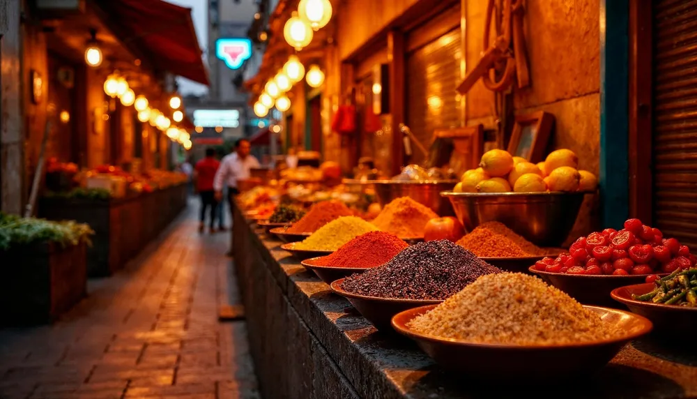 Vibrant spice market display with colorful spices