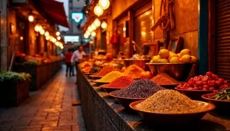 Vibrant spice market display with colorful spices