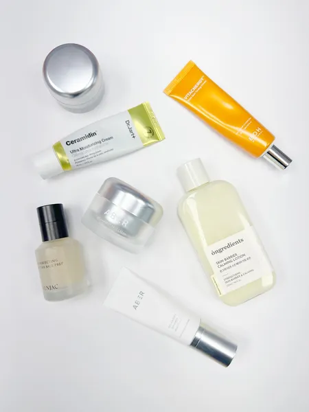 Cosmetic skincare products arranged in a display