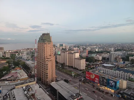Aerial view of the Gombe business district in Kinshasa with the Congo River in the background