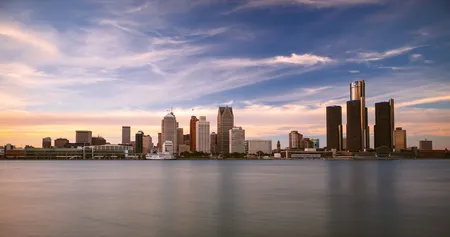 Detroit skyline at dusk viewed from across the river