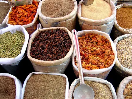 Colorful spices displayed at an Indian market