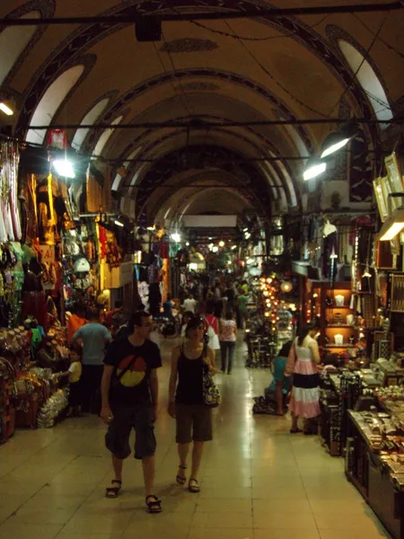 Interior of the Grand Bazaar in Istanbul, Turkey showing textile shops